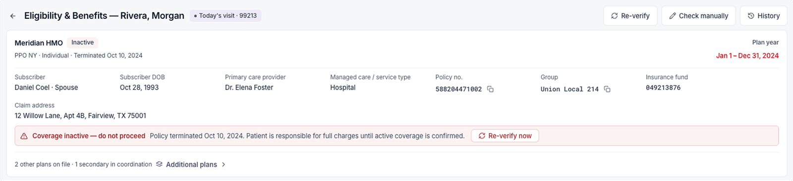 Inactive coverage warning — do not proceed