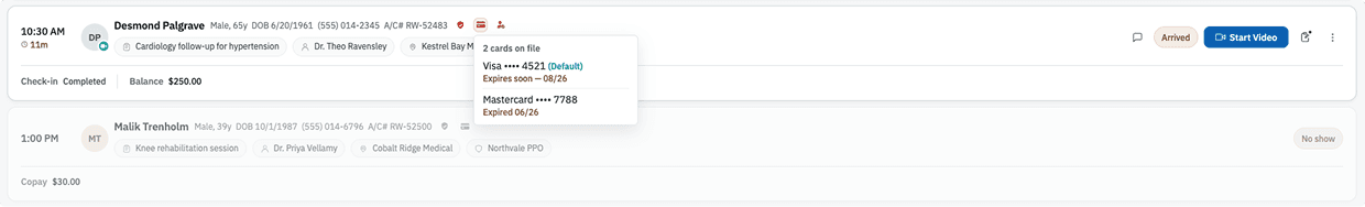 Cards-on-file tooltip showing an expiring-soon and an expired card