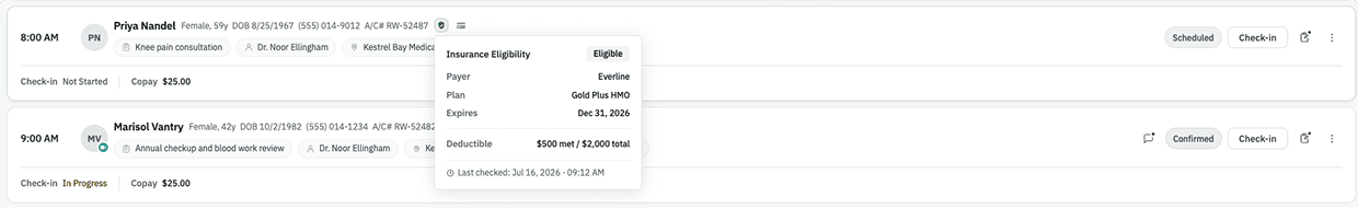 Insurance eligibility tooltip showing payer, plan, and deductible