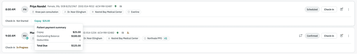 Patient payment summary tooltip showing copay, outstanding balance, and total due