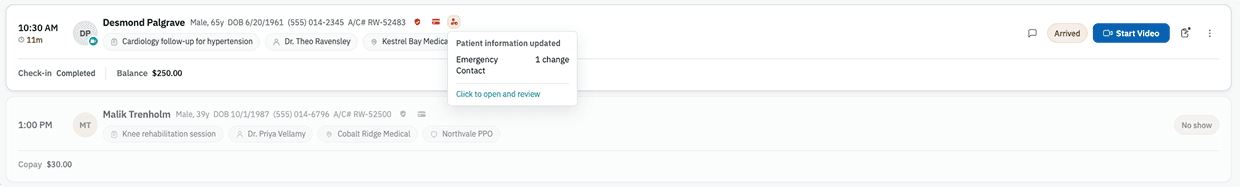 Recent record change tooltip showing an emergency contact update